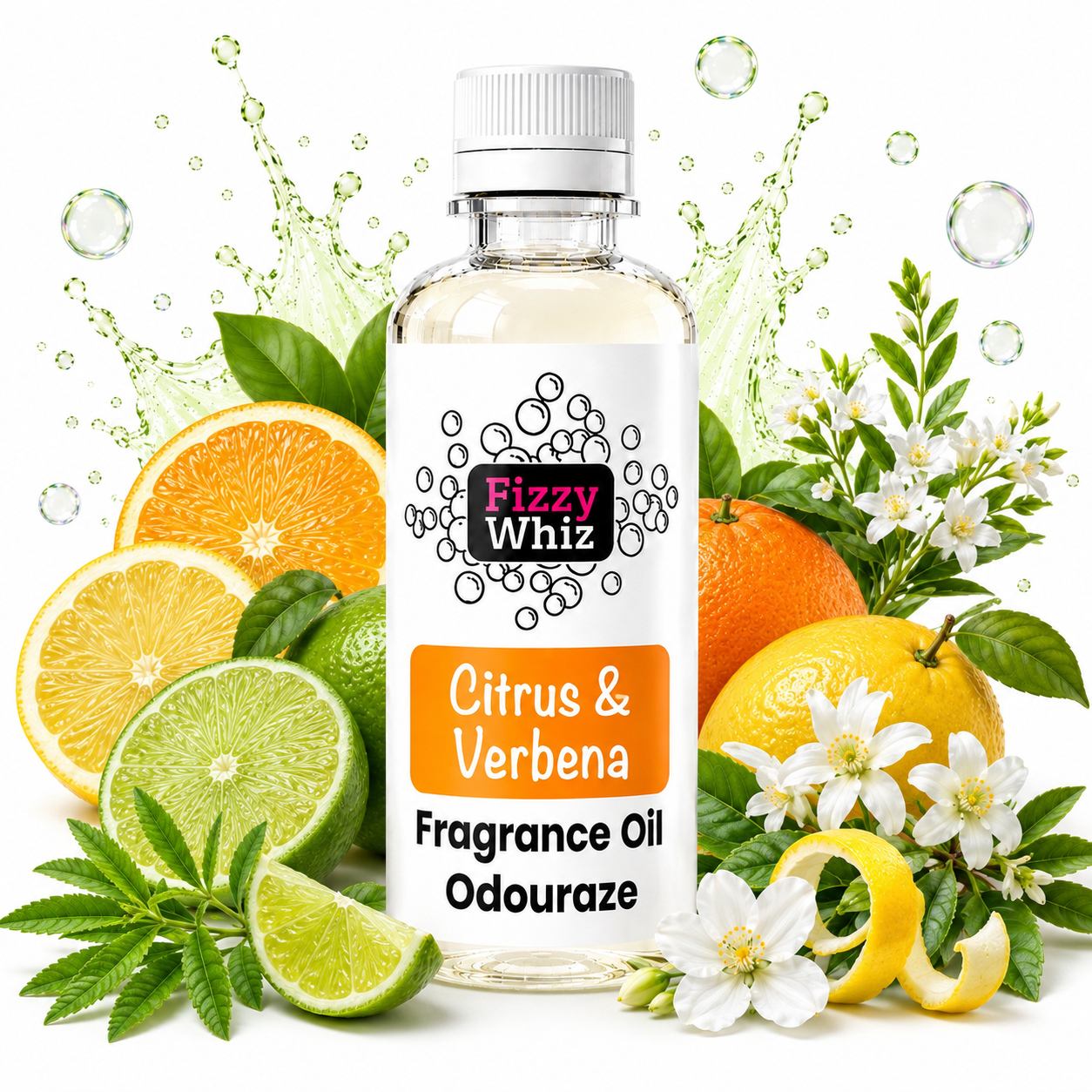 A bottle of Fizzy Whiz Citrus & Verbena fragrance oil surrounded by citrus fruits, limes, mint leaves, white flowers, and soap bubbles on a white background.