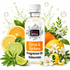 A bottle of Fizzy Whiz Citrus & Verbena fragrance oil surrounded by citrus fruits, limes, mint leaves, white flowers, and soap bubbles on a white background.