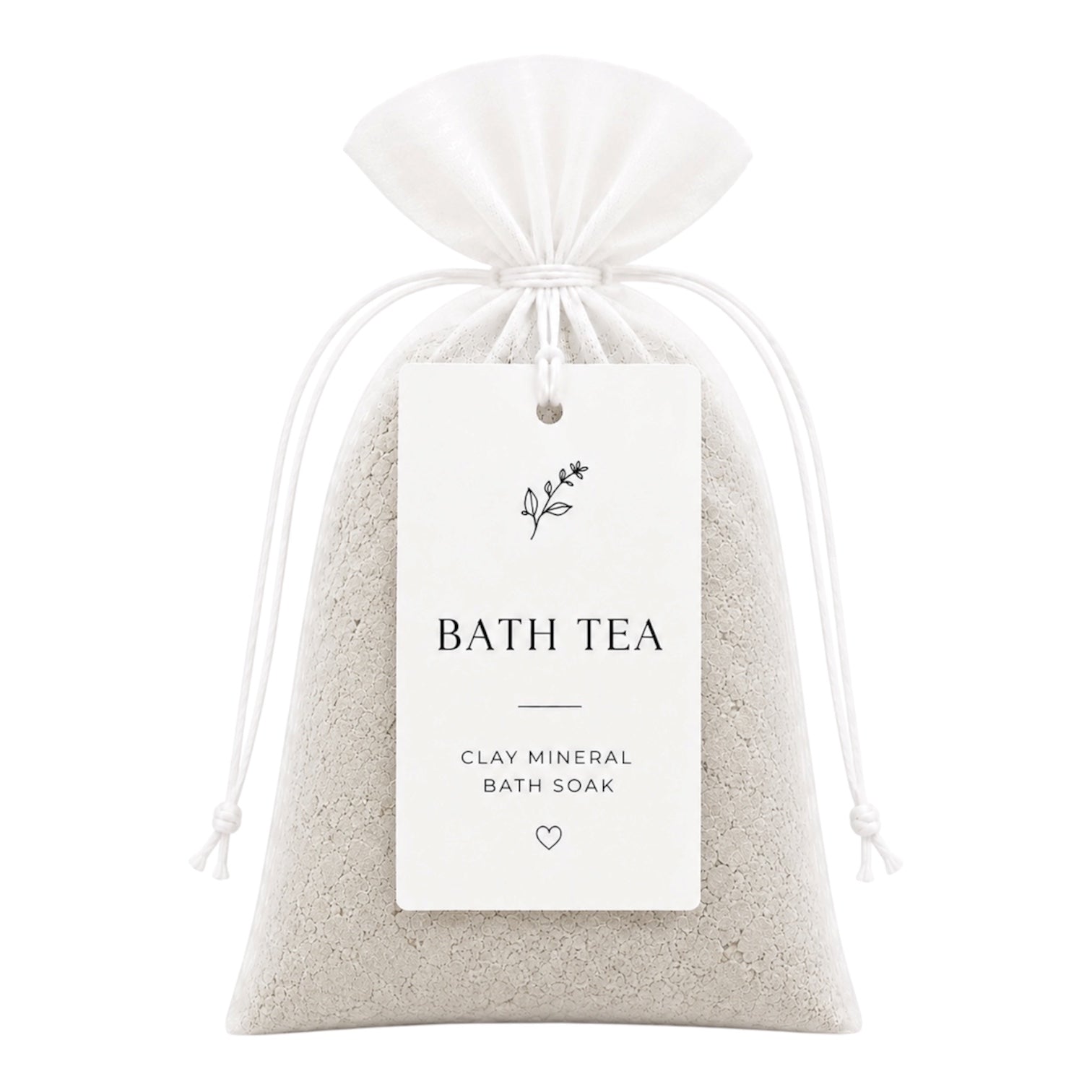 Bath tea clay mineral bath soak in a drawstring bag with a label on a white background