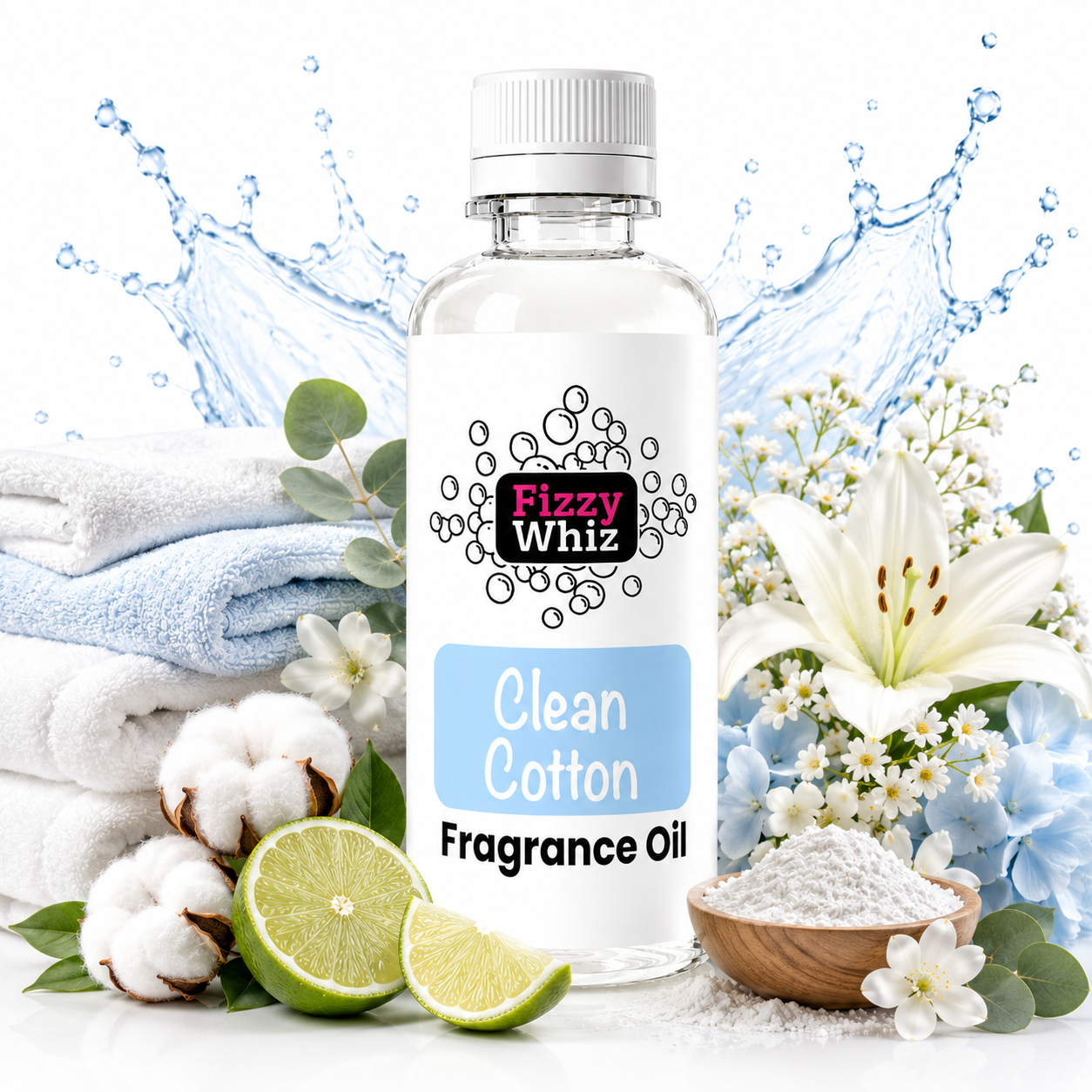 A bottle of Fizzy Whiz Clean Cotton Fragrance Oil centered on a white background, surrounded by cotton bolls, lime slices, white flowers, folded towels, and a splash graphic. The product is a clear plastic bottle with a white cap and a white label featuring a blue panel.