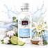 A bottle of Fizzy Whiz Clean Cotton Fragrance Oil centered on a white background, surrounded by cotton bolls, lime slices, white flowers, folded towels, and a splash graphic. The product is a clear plastic bottle with a white cap and a white label featuring a blue panel.