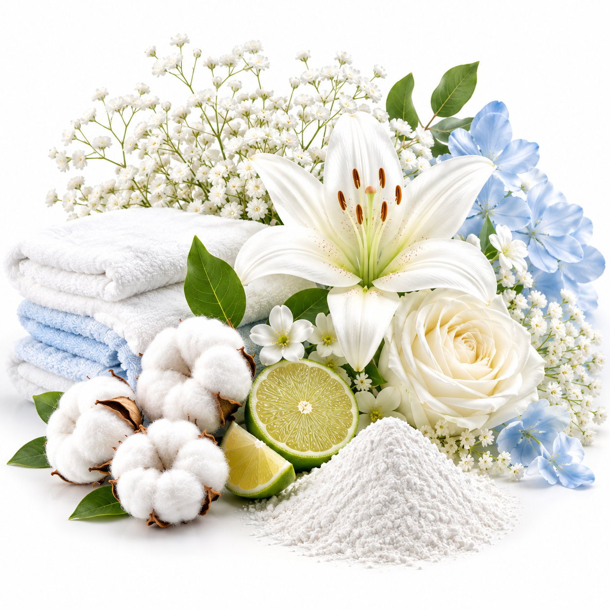 A styled arrangement of skincare and cleansing ingredients and props on a white background: folded white and light blue towels, a white lily, a white rose, cotton bolls, lime slices, and a pile of white powder. No person, animal, or real environment is present, so this is Product/Packaging rather than Lifestyle.
