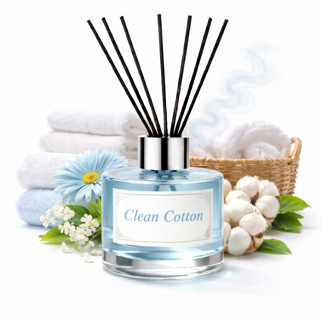Diffuser with 'Clean Cotton' label surrounded by cotton, flowers, and towels on a white background