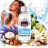 A bottle of Fizzy Whiz Cloud Fragrance Oil centered in a promotional composition, surrounded by scent ingredients including lavender, coconut, caramel, vanilla, pear, lime, and flowers. A woman in a blue dress is visible on the left, holding a perfume spray, with water splash graphics and a clean white background.