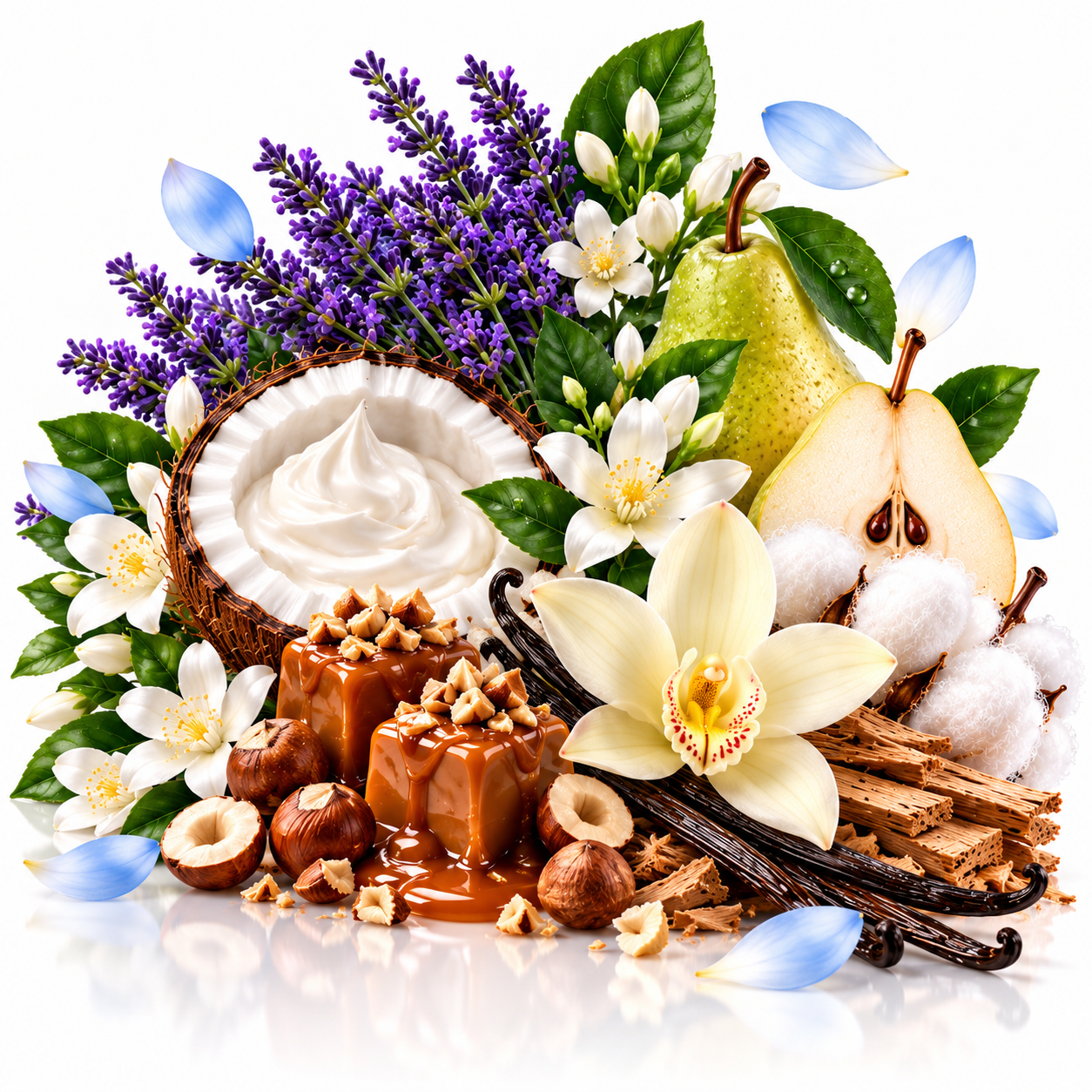 A styled botanical and food arrangement on a white background featuring purple lavender sprigs, white flowers, green pears, cotton bolls, vanilla beans, hazelnuts, caramel, and a bowl of whipped cream.