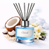 Reed diffuser labeled 'Cloud' with coconut, flowers, and vanilla beans on a white background