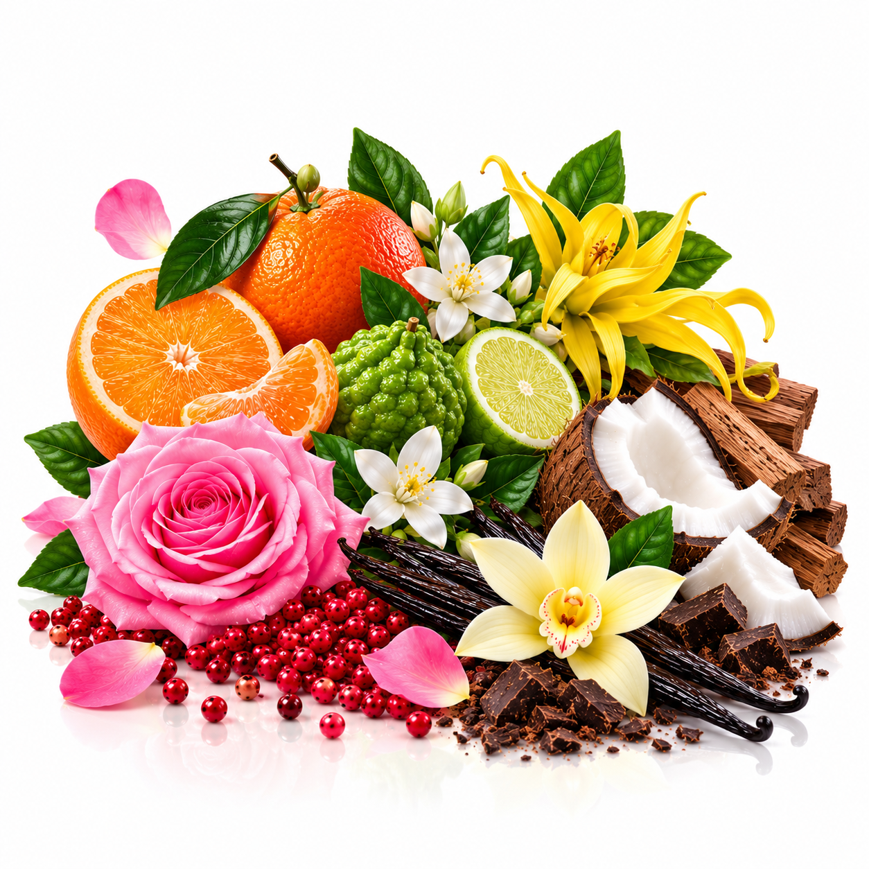 A styled botanical still life of mixed botanical and fruit ingredients on a white background, including a pink rose, yellow blossoms, orange slices, lime, coconut pieces, vanilla beans, and red berries.