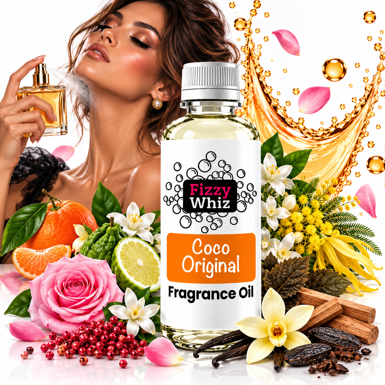 A bottle of Fizzy Whiz Coco Original Fragrance Oil centered in a highly styled commercial composition. The bottle is surrounded by fragrance ingredients including roses, limes, vanilla beans, cinnamon, citrus slices, and flowers.