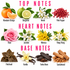 A fragrance notes chart titled 'TOP NOTES', 'HEART NOTES', and 'BASE NOTES' showing illustrated or photographed scent ingredients: Mandarin Orange, Bergamot, Neroli, Pink Pepper, Rose, Jasmine, Mimosa, Ylang-Ylang, Patchouli, Vanilla, Tonka Bean, and Sandalwood on a white background.