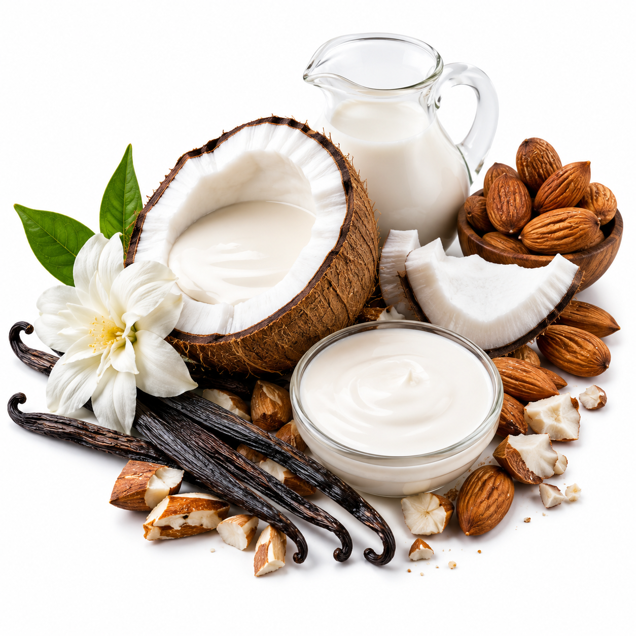 A styled studio arrangement of coconut milk and cream ingredients on a white background, including a halved coconut, a small glass pitcher of white liquid, a bowl of creamy product, whole and cracked almonds, vanilla beans, and a white flower.