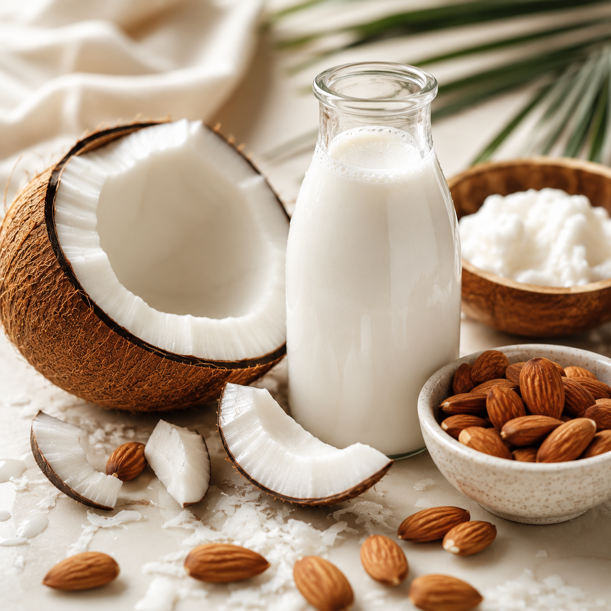 A glass bottle filled with white coconut milk stands on a light surface beside a halved coconut, sliced coconut pieces, almonds, and small bowls of coconut oil and almonds, with soft natural styling in the background.