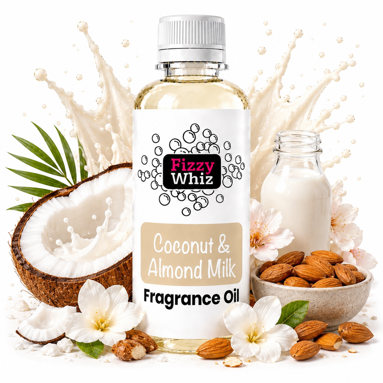 A bottle of Fizzy Whiz Coconut & Almond Milk Fragrance Oil centered on a white background, surrounded by coconut halves, white flowers, almonds, and a small glass bottle of white liquid. The label reads 'Fizzy Whiz' and 'Coconut & Almond Milk Fragrance Oil.