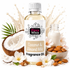 A bottle of Fizzy Whiz Coconut & Almond Milk Fragrance Oil centered on a white background, surrounded by coconut halves, white flowers, almonds, and a small glass bottle of white liquid. The label reads 'Fizzy Whiz' and 'Coconut & Almond Milk Fragrance Oil.