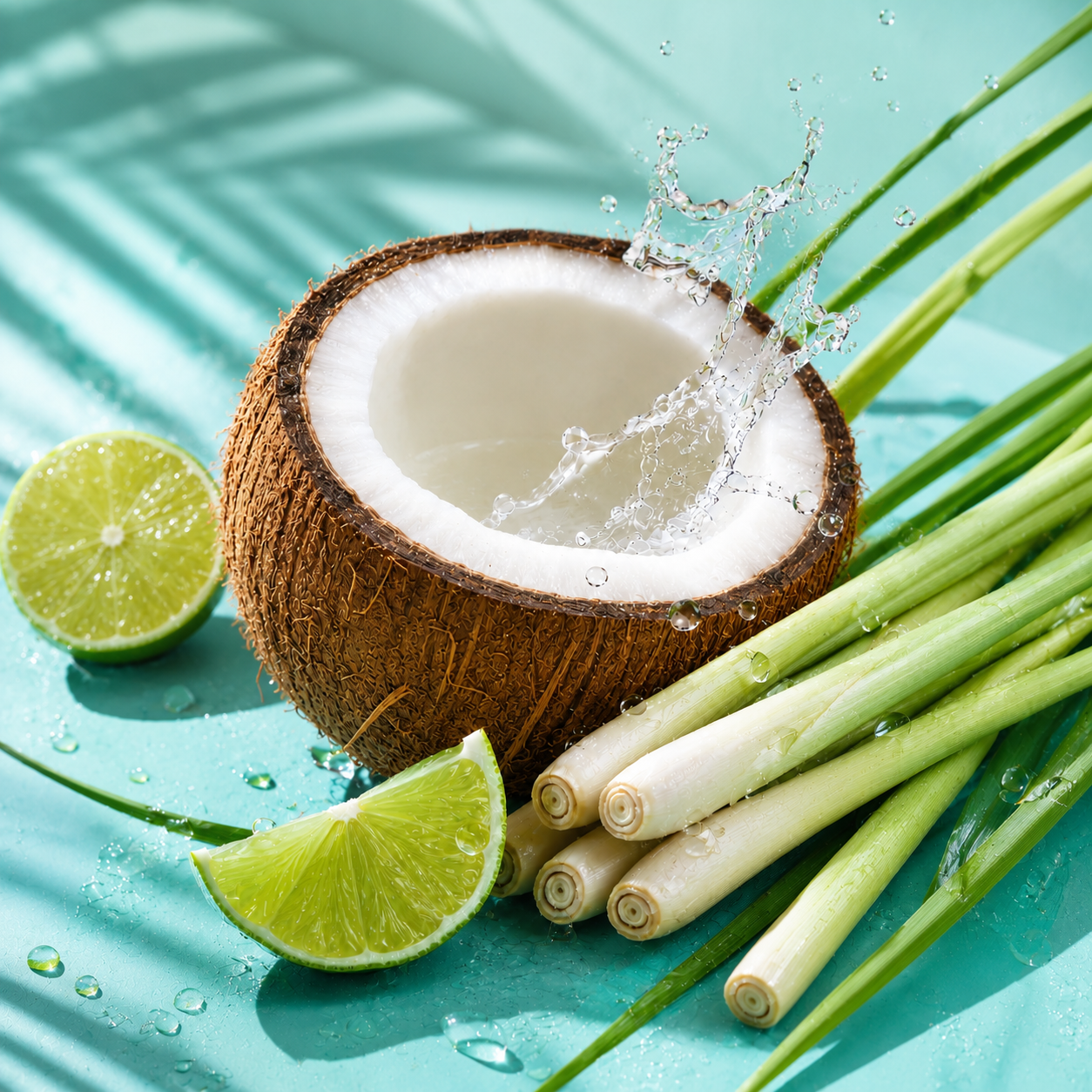 A halved coconut with white flesh and brown husk sits on a turquoise surface with water splashing from inside, surrounded by lime wedges, green stalks, and lemongrass.