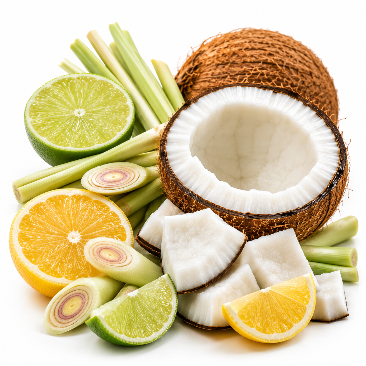 A styled arrangement of tropical ingredients on a white background, featuring a whole and halved coconut, sliced lime, orange, and lemon, along with green stalks and white coconut pieces.