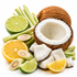 A styled arrangement of tropical ingredients on a white background, featuring a whole and halved coconut, sliced lime, orange, and lemon, along with green stalks and white coconut pieces.