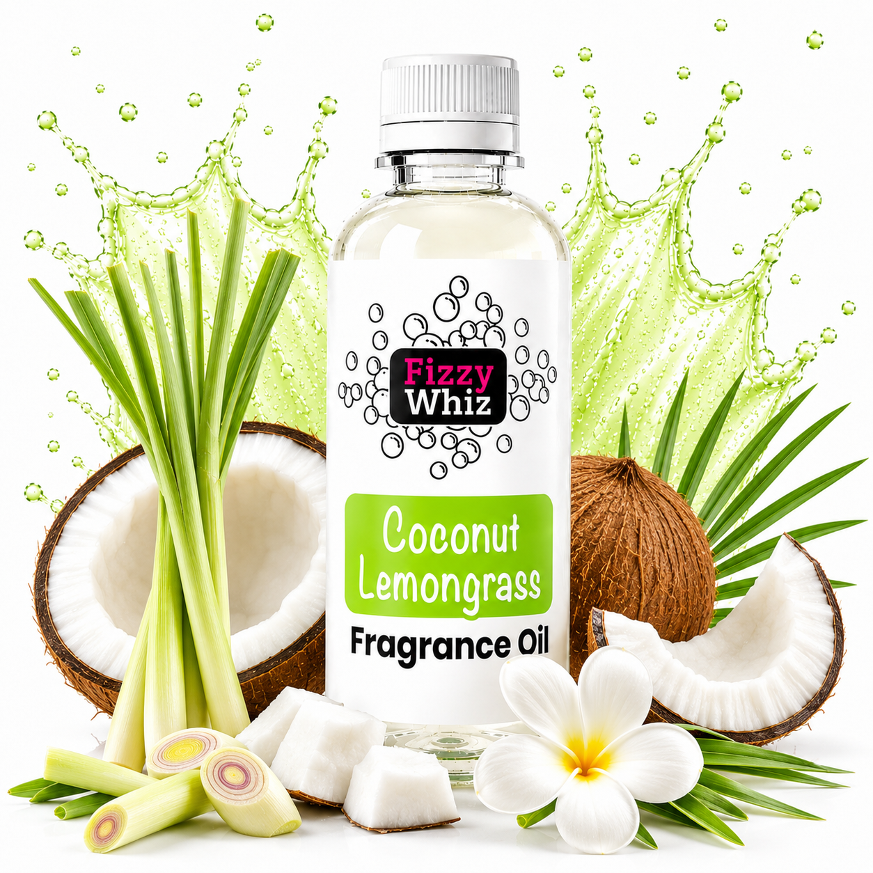 A bottle of Fizzy Whiz Coconut Lemongrass Fragrance Oil centered on a white background, surrounded by lemongrass stalks, coconuts, palm leaves, and a white flower, with a green splash graphic behind it.