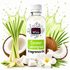 A bottle of Fizzy Whiz Coconut Lemongrass Fragrance Oil centered on a white background, surrounded by lemongrass stalks, coconuts, palm leaves, and a white flower, with a green splash graphic behind it.