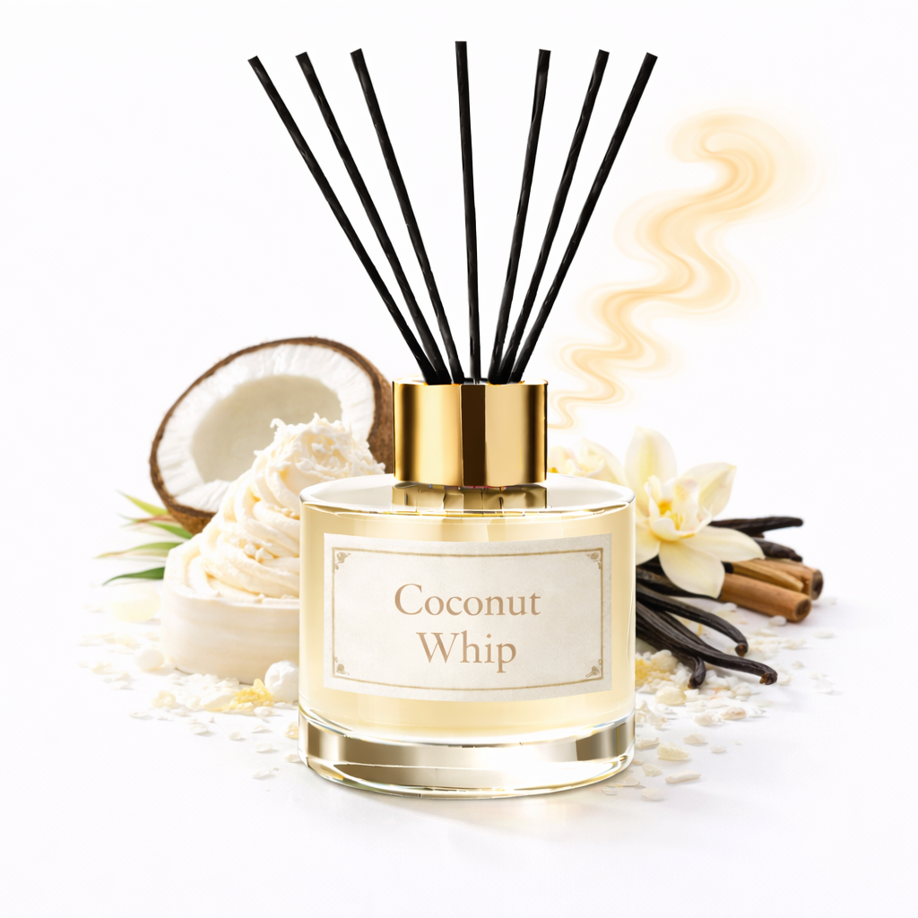 Reed diffuser labeled 'Coconut Whip' with coconut, vanilla beans, and flowers on a white background