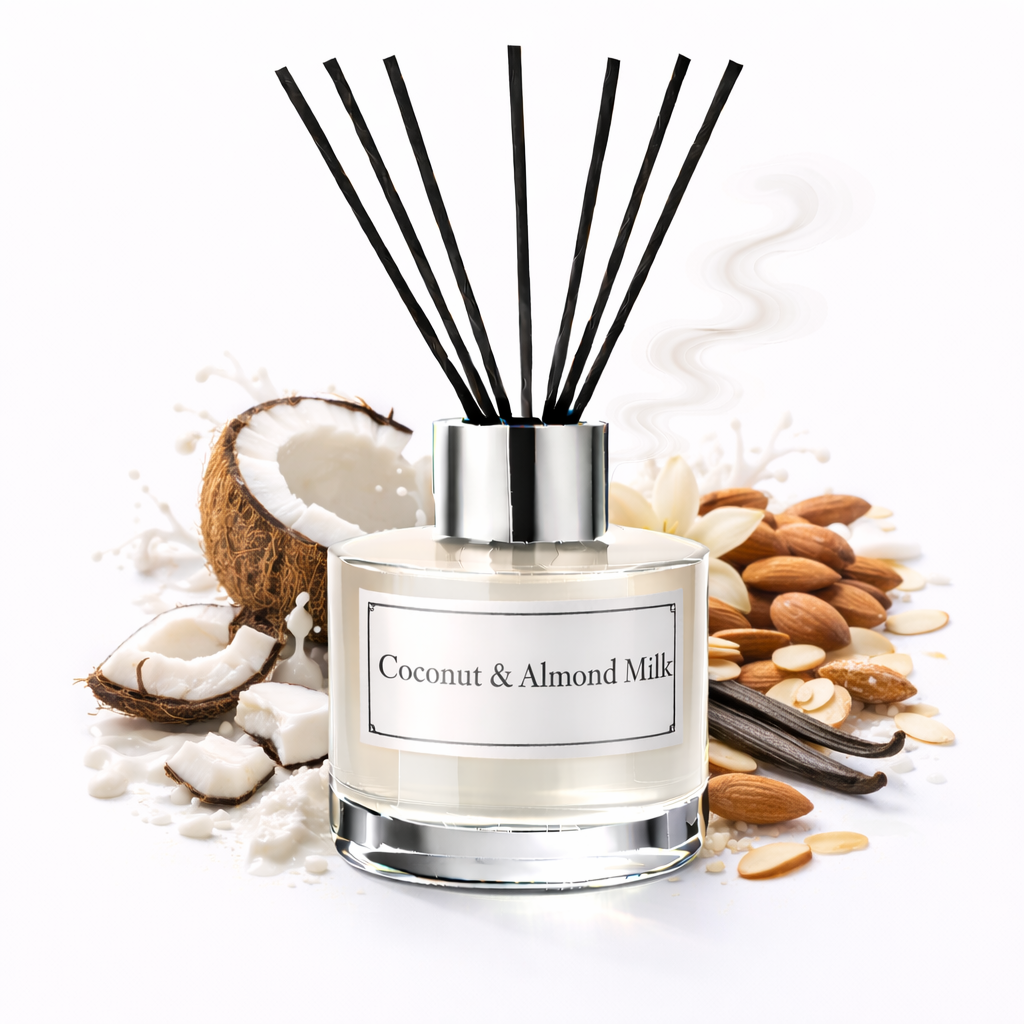 Reed diffuser labeled 'Coconut & Almond Milk' with coconut, almonds, and vanilla beans on a white background