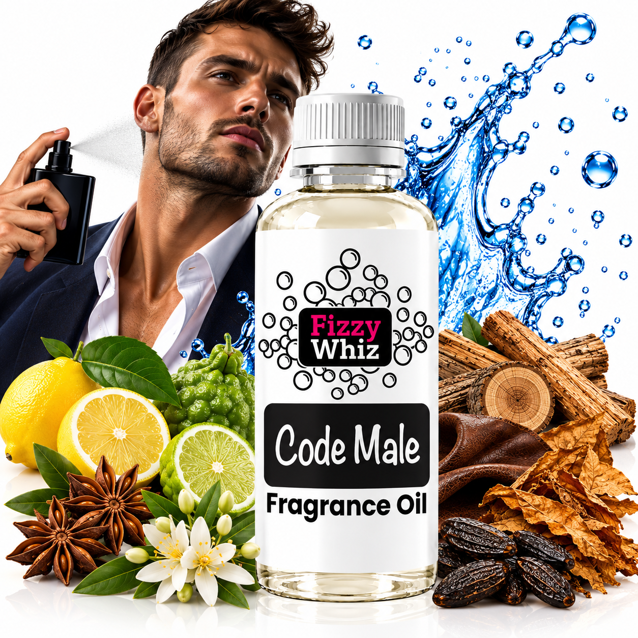 A bottle of Fizzy Whiz Code Male Fragrance Oil centered in the foreground, surrounded by citrus fruits, wood chips, spices, and flowers. A man is shown spraying fragrance oil in the background against a white backdrop with a blue water splash graphic.