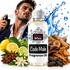 A bottle of Fizzy Whiz Code Male Fragrance Oil centered in the foreground, surrounded by citrus fruits, wood chips, spices, and flowers. A man is shown spraying fragrance oil in the background against a white backdrop with a blue water splash graphic.