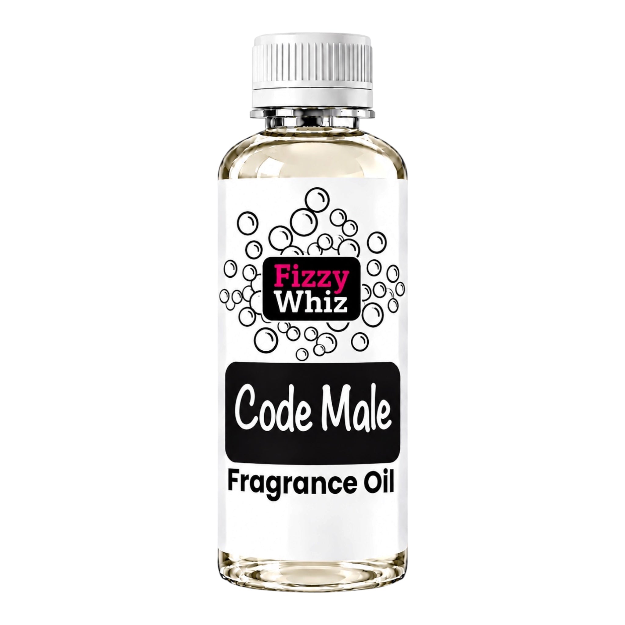 A bottle of Fizzy Whiz Code Male Fragrance Oil on a solid white background. The bottle is made of clear glass, showing the pale yellow liquid inside, and has a white screw cap and a white label with black text and graphics.