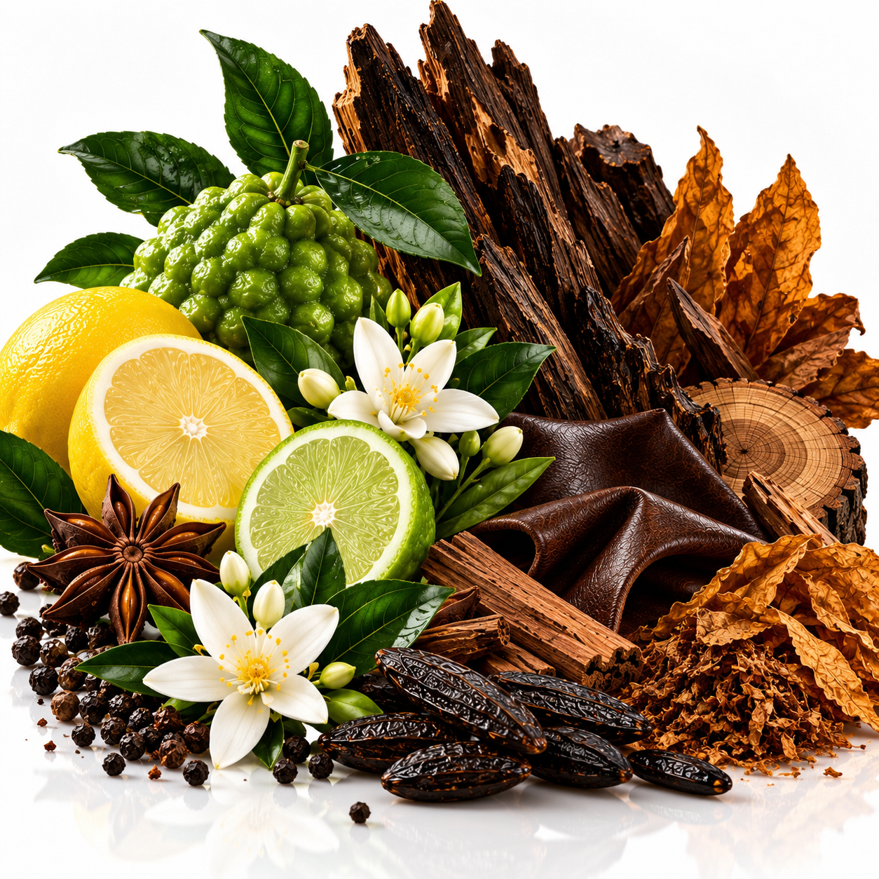 A styled botanical still life featuring dark brown leather sheets, dried orange-brown bark, star anise, black peppercorns, green and yellow citrus slices, white flowers, and green leaves on a white reflective surface.