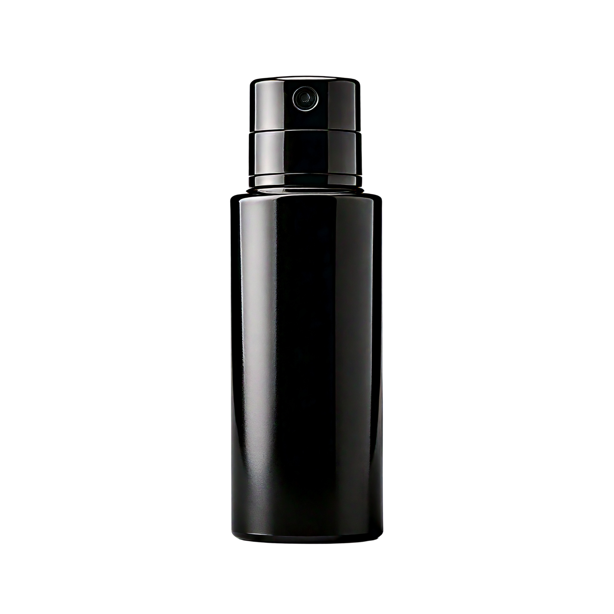 Black cylindrical perfume spray bottle with a smooth finish and spray top, shown upright on a light background.