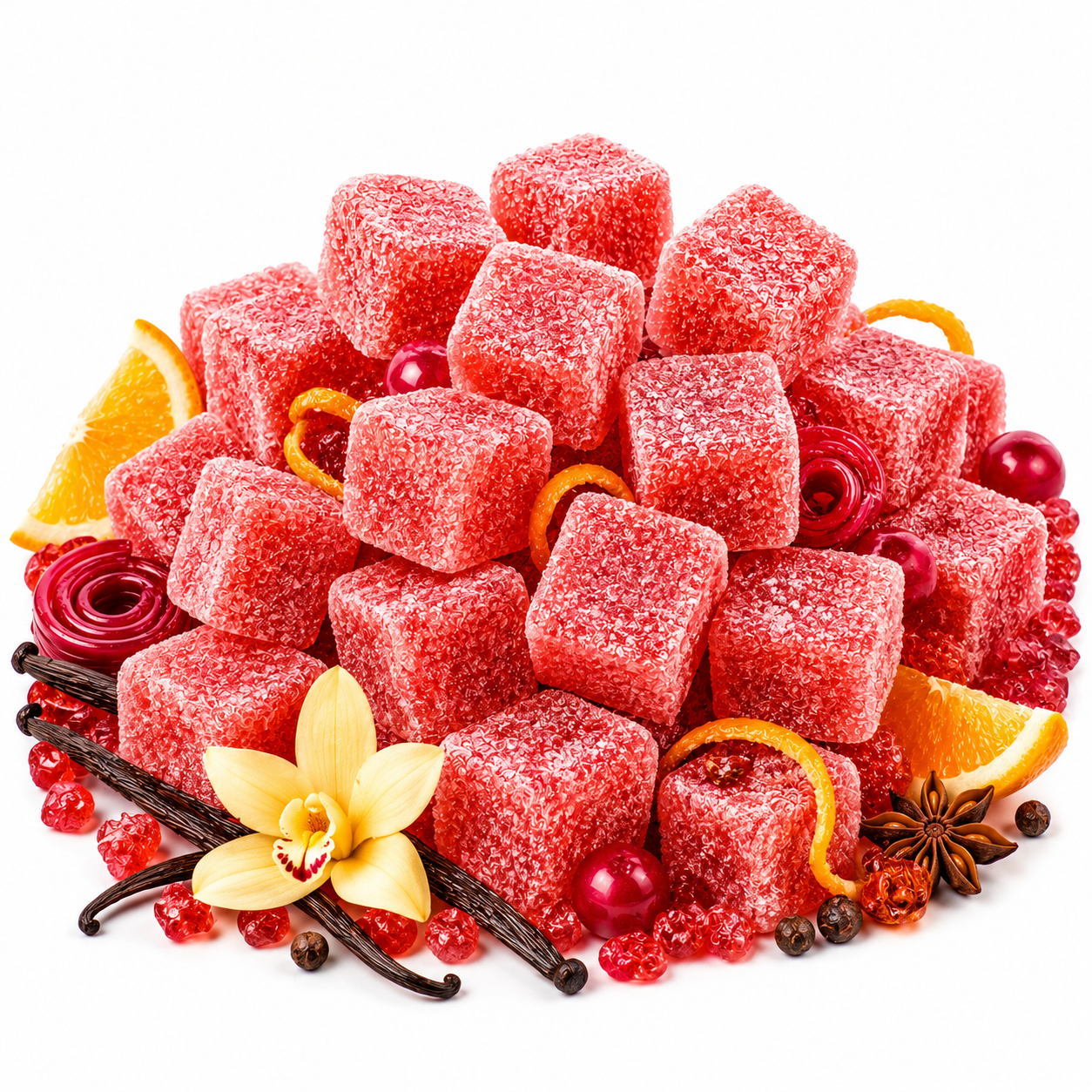 A pile of square pink-red candied sweets coated in sugar, arranged with citrus slices, cranberries, vanilla beans, cinnamon sticks, and a yellow orchid on a white background.