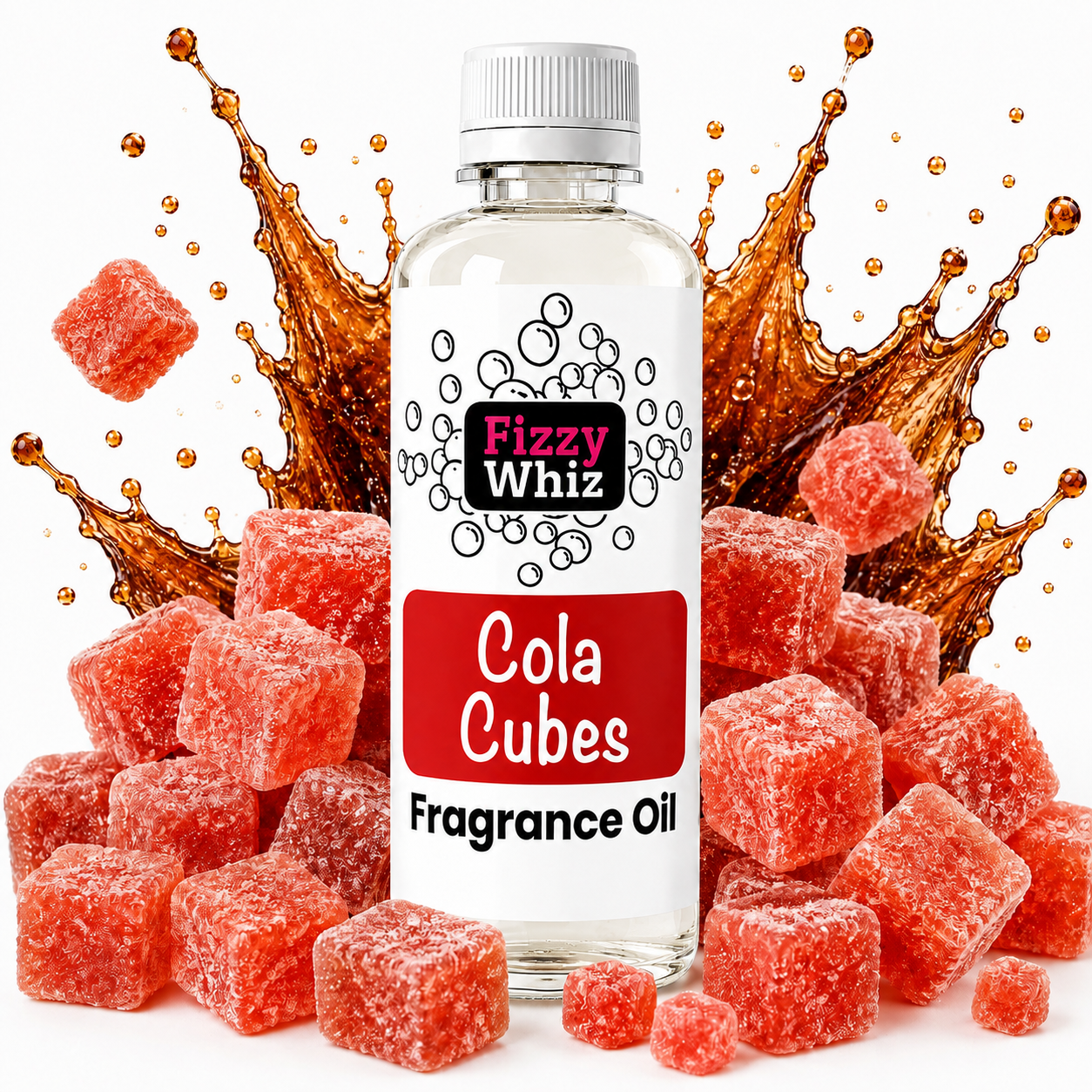 A bottle of Fizzy Whiz Cola Cubes Fragrance Oil centered against a white background, surrounded by red sugar-coated cola cubes and a brown cola splash graphic. The bottle label reads 'Fizzy Whiz', 'Cola Cubes', and 'Fragrance Oil'.