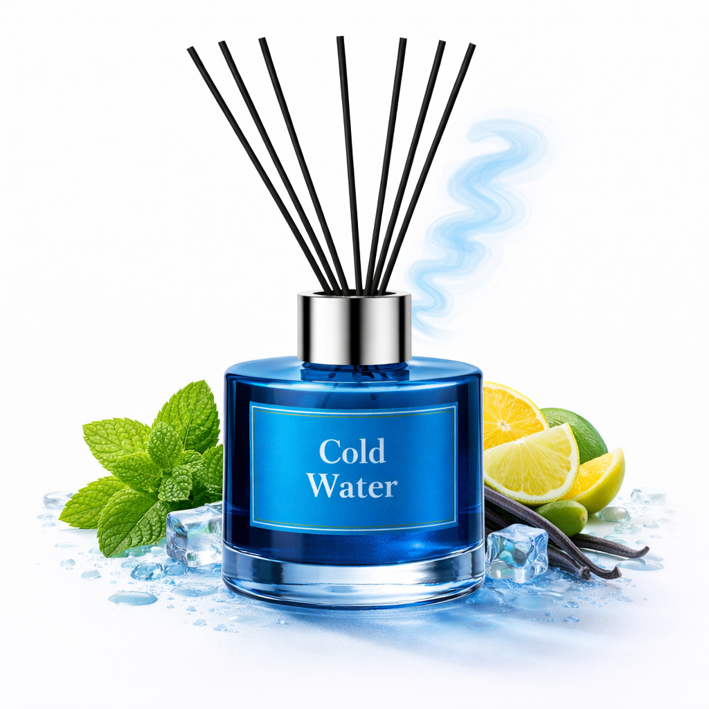 Reed diffuser labeled 'Cold Water' with mint, lemon, and vanilla elements on a white background