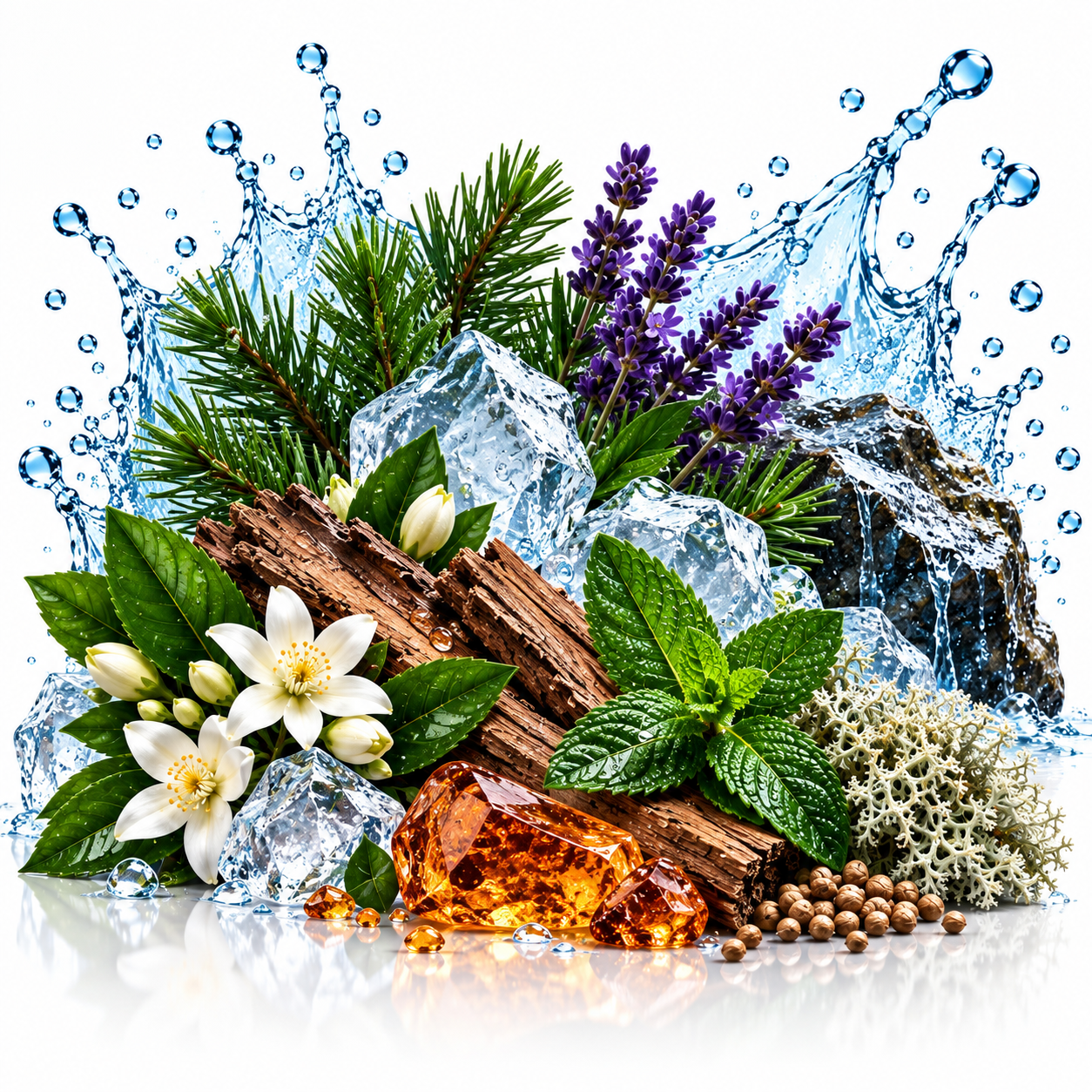 A styled botanical and natural product arrangement on a white background, featuring green leaves, white flowers, purple lavender, pine branches, bark, ice cubes, water splashes, and amber-colored resin or honey.