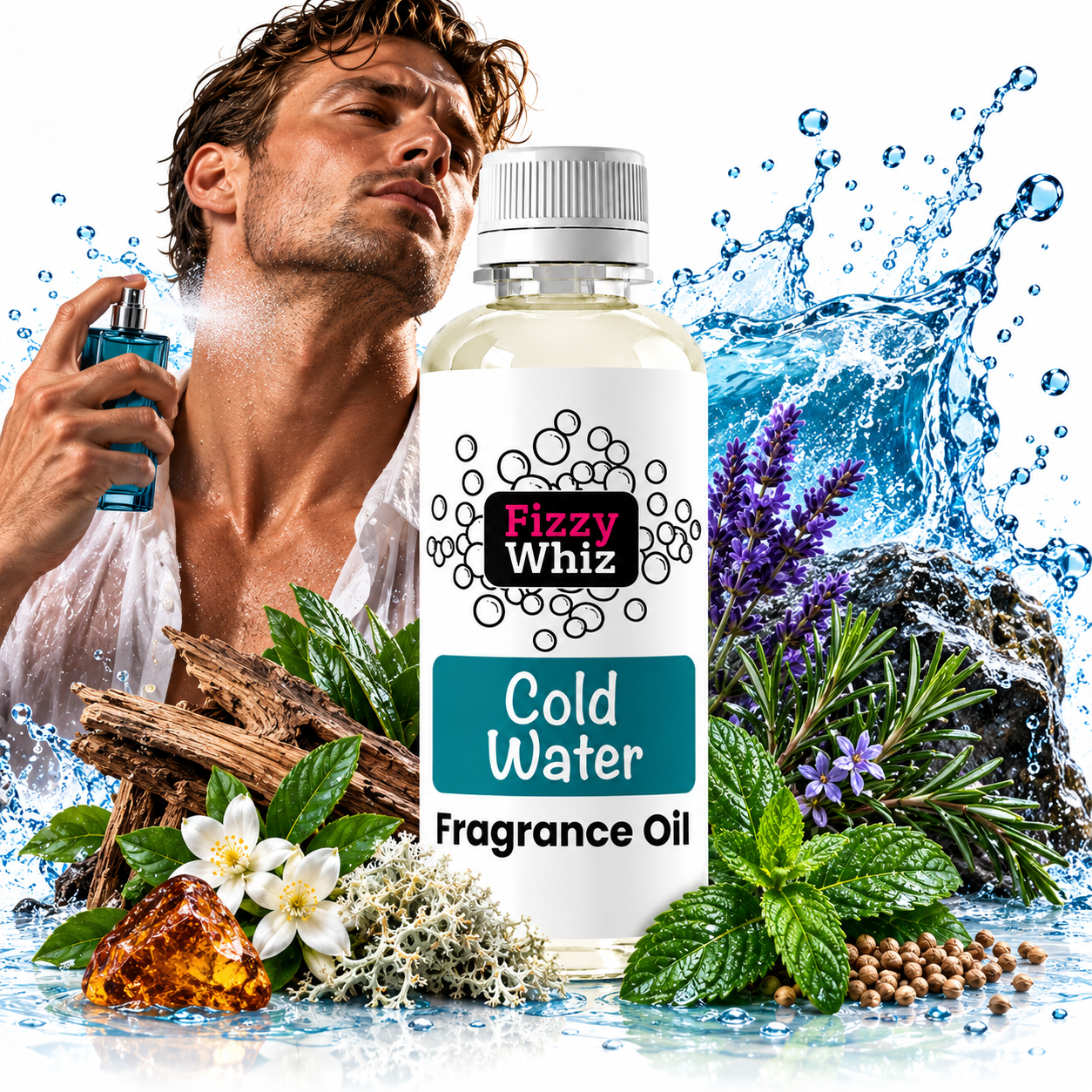 A bottle of Fizzy Whiz Cold Water Fragrance Oil centered in front of a man spraying perfume, surrounded by water splashes, herbs, flowers, and wood pieces on a white background.
