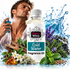 A bottle of Fizzy Whiz Cold Water Fragrance Oil centered in front of a man spraying perfume, surrounded by water splashes, herbs, flowers, and wood pieces on a white background.