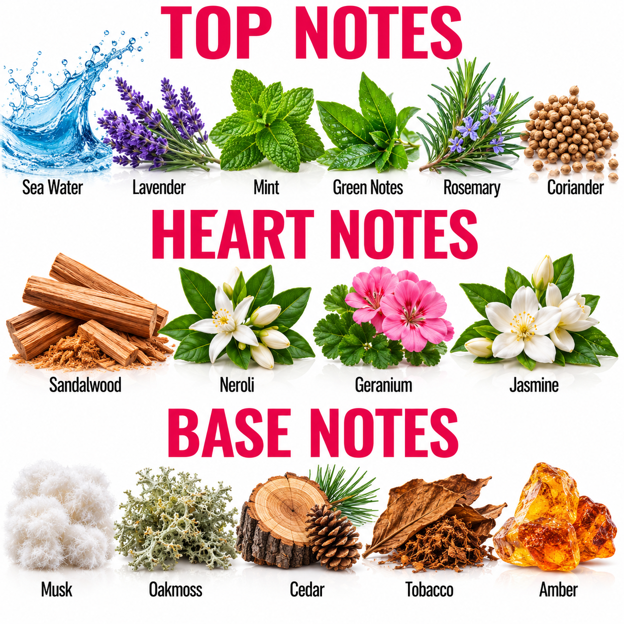 An educational fragrance composition chart titled 'TOP NOTES', 'HEART NOTES', and 'BASE NOTES' showing botanical and material illustrations with names: Sea Water, Lavender, Mint, Green Notes, Rosemary, Coriander, Sandalwood, Neroli, Geranium, Jasmine, Musk, Oakmoss, Cedar, Tobacco, and Amber.