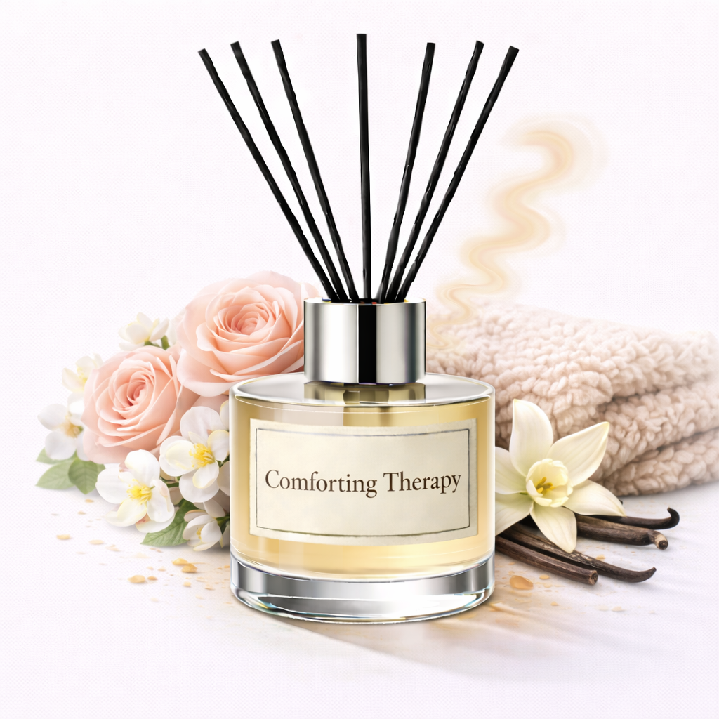 Diffuser labeled 'Comforting Therapy' with flowers and vanilla beans on a white background