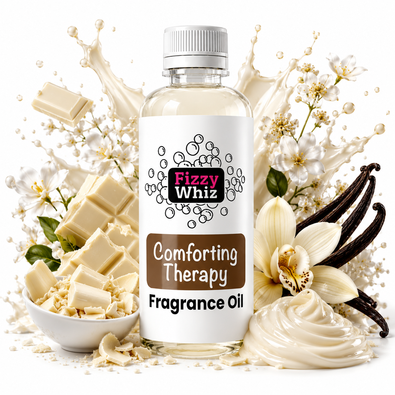 A bottle of Fizzy Whiz Comforting Therapy Fragrance Oil centered on a white background, surrounded by decorative scent ingredients including cream-colored flowers, vanilla beans, vanilla pods, and white chocolate pieces.