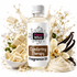 A bottle of Fizzy Whiz Comforting Therapy Fragrance Oil centered on a white background, surrounded by decorative scent ingredients including cream-colored flowers, vanilla beans, vanilla pods, and white chocolate pieces.