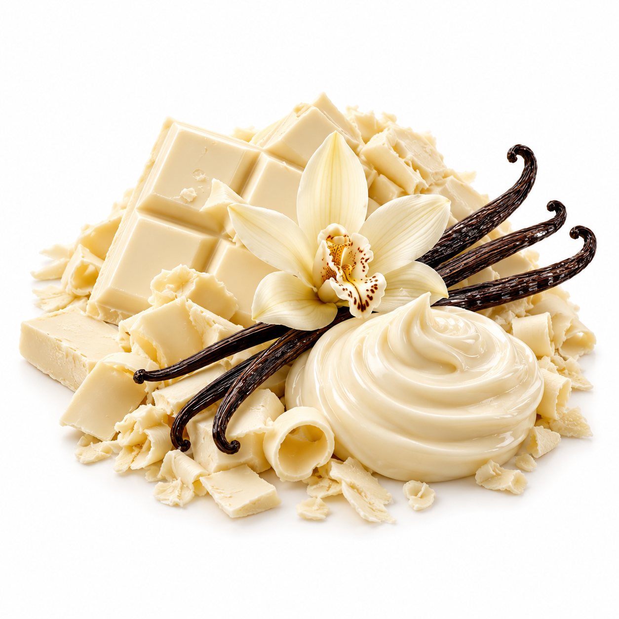 A styled food product shot of creamy white chocolate and vanilla ice cream or whipped cream, mixed with dark chocolate chunks, vanilla beans, and a vanilla flower on a clean white background.
