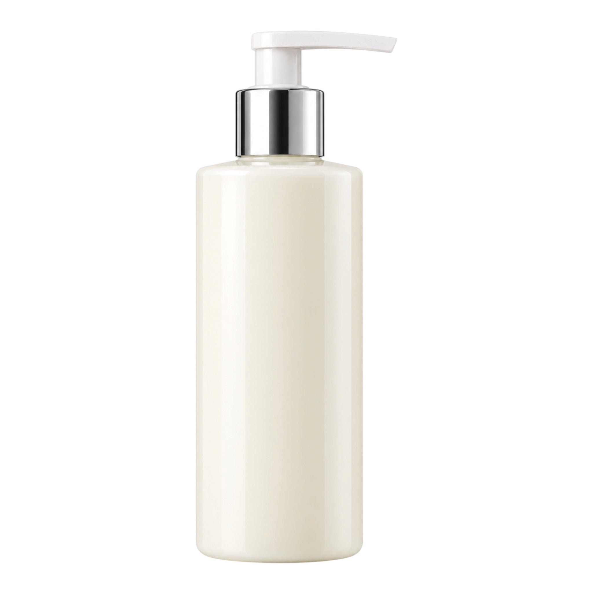 A tall, cylindrical pump bottle with a matte off-white body, a shiny silver metallic collar, and a white plastic pump dispenser, shown on a solid white background. filled with Conditioner.