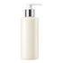 A tall, cylindrical pump bottle with a matte off-white body, a shiny silver metallic collar, and a white plastic pump dispenser, shown on a solid white background. filled with Conditioner.