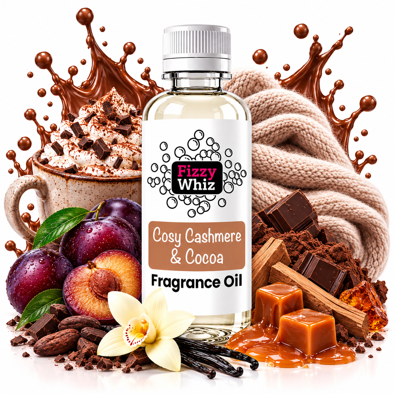 A bottle of Fizzy Whiz Cosy Cashmere & Cocoa Fragrance Oil centered on a white background, surrounded by scent-themed props including chocolate splashes, a mug of whipped cream with cocoa powder, plums, vanilla beans, caramel cubes, chocolate pieces, and a small white orchid.