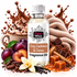 A bottle of Fizzy Whiz Cosy Cashmere & Cocoa Fragrance Oil centered on a white background, surrounded by scent-themed props including chocolate splashes, a mug of whipped cream with cocoa powder, plums, vanilla beans, caramel cubes, chocolate pieces, and a small white orchid.