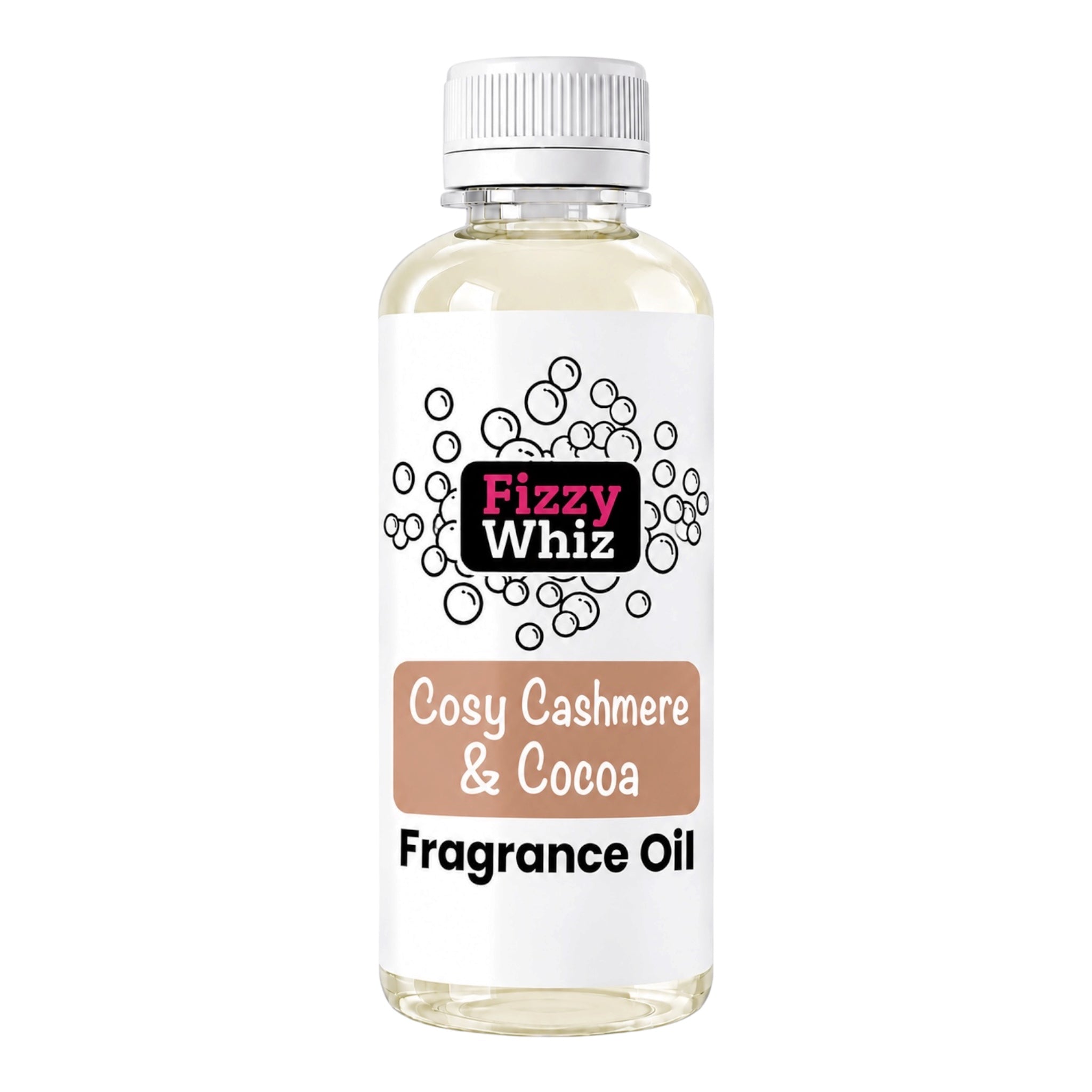 A bottle of Fizzy Whiz Cosy Cashmere & Cocoa Fragrance Oil with a white cap and white label, shown on a plain white background.