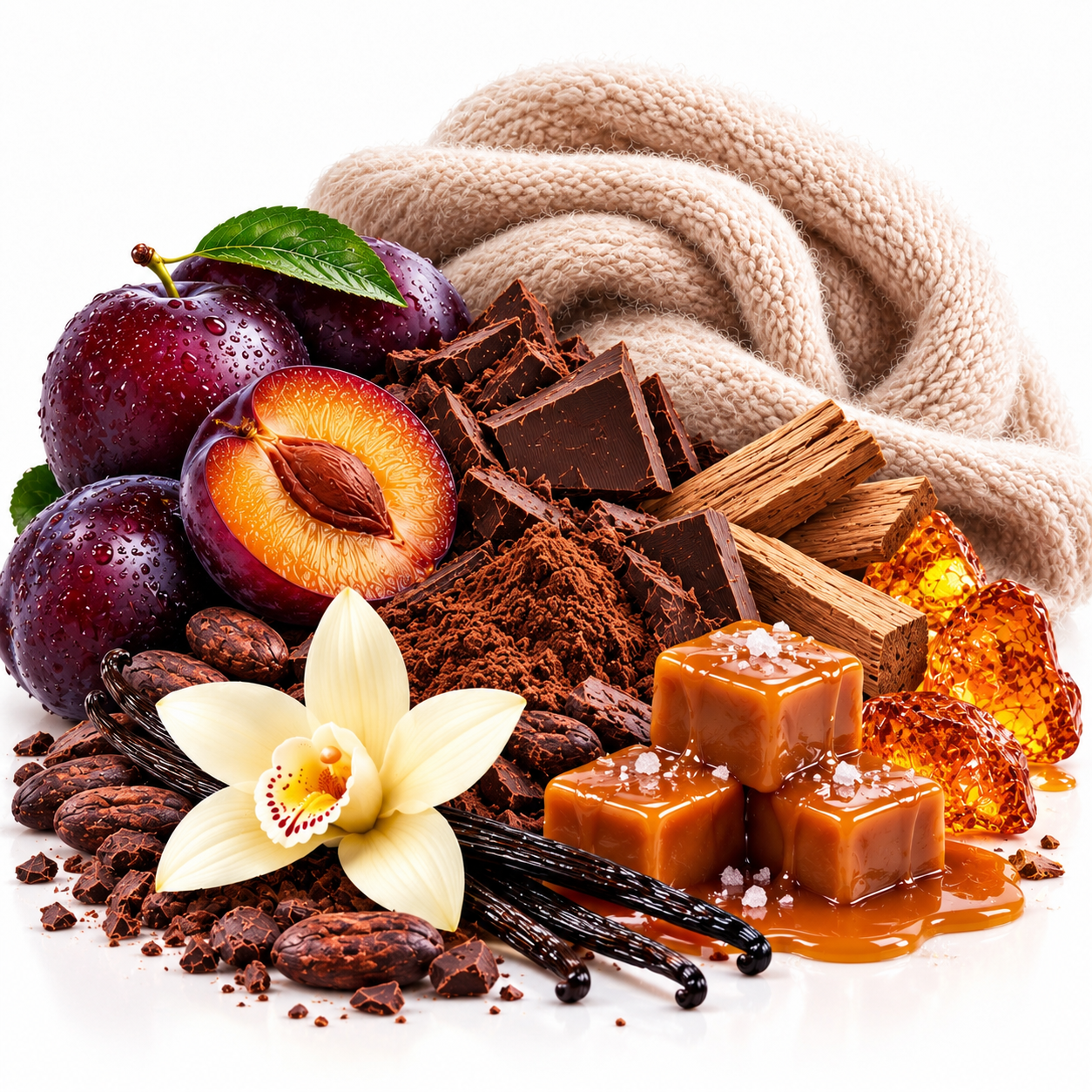 A styled food still life featuring dark chocolate pieces, caramel cubes, sliced apricots, plums, cocoa powder, vanilla beans, a white orchid flower, and a beige knit scarf on a white background.