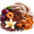 A styled food still life featuring dark chocolate pieces, caramel cubes, sliced apricots, plums, cocoa powder, vanilla beans, a white orchid flower, and a beige knit scarf on a white background.