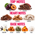 A fragrance scent profile graphic with fruit, spices, and textiles labeled by note type: Top Notes include Plum and Cacao Nib; Heart Notes include Cocoa, Sandalwood, and Cashmere; Base Notes include Vanilla Milk, Caramel, Oak Moss, Amber, and Musk.