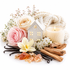 A styled arrangement of spa-like elements on a white background: a lit cream candle in a ribbed glass jar, a small white house lantern with warm glowing windows, cream and blush roses, white flowers, vanilla beans, cinnamon sticks, amber crystals, and a few pale stones.