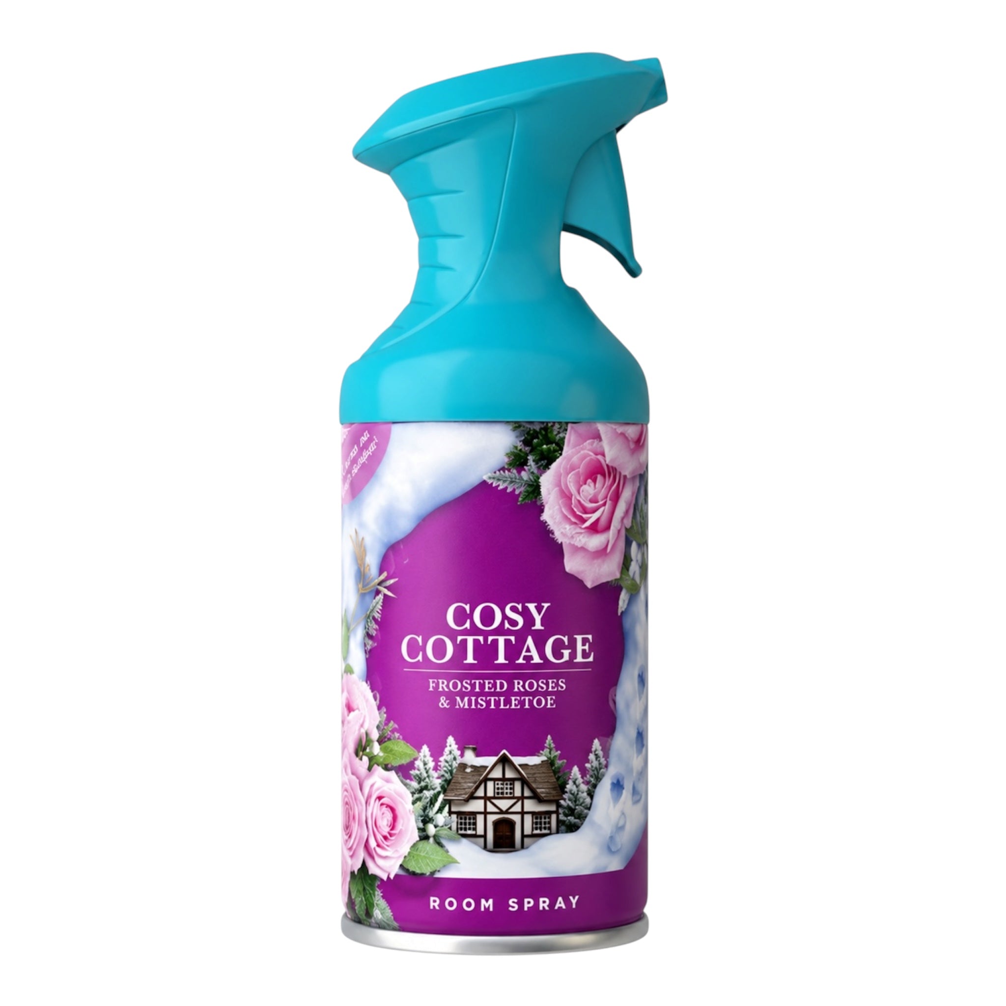 A bottle of Cosy Cottage room spray with a bright turquoise trigger sprayer and a purple label decorated with pink roses, snow, and a small cabin illustration.